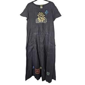Vintage 90s Blue Cactus L Black Full Length Linen Lagenlook Dress Whimsygoth